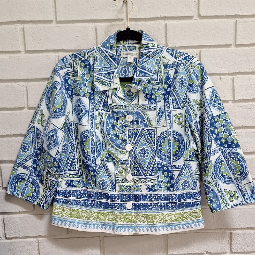 Coldwater Creek Blue and Green Patterned Lined Jacket. Size 12P NWOT